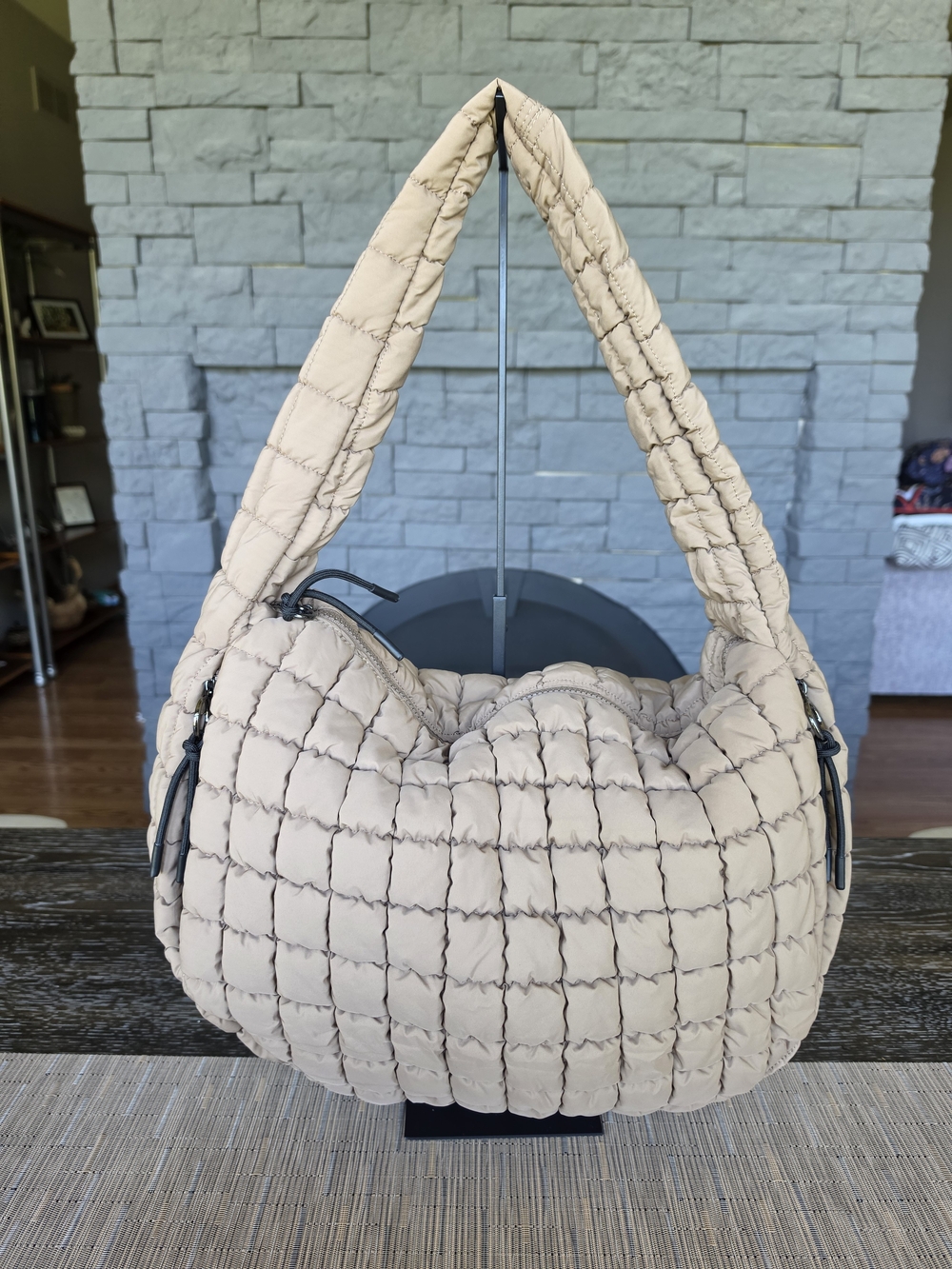 Quilted Puffer Shoulder Bag in Beige